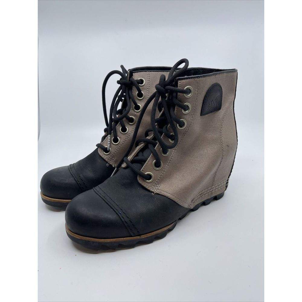 Sorel Two-Tone Black and Tan Lace-Up Wedge Heeled Boots